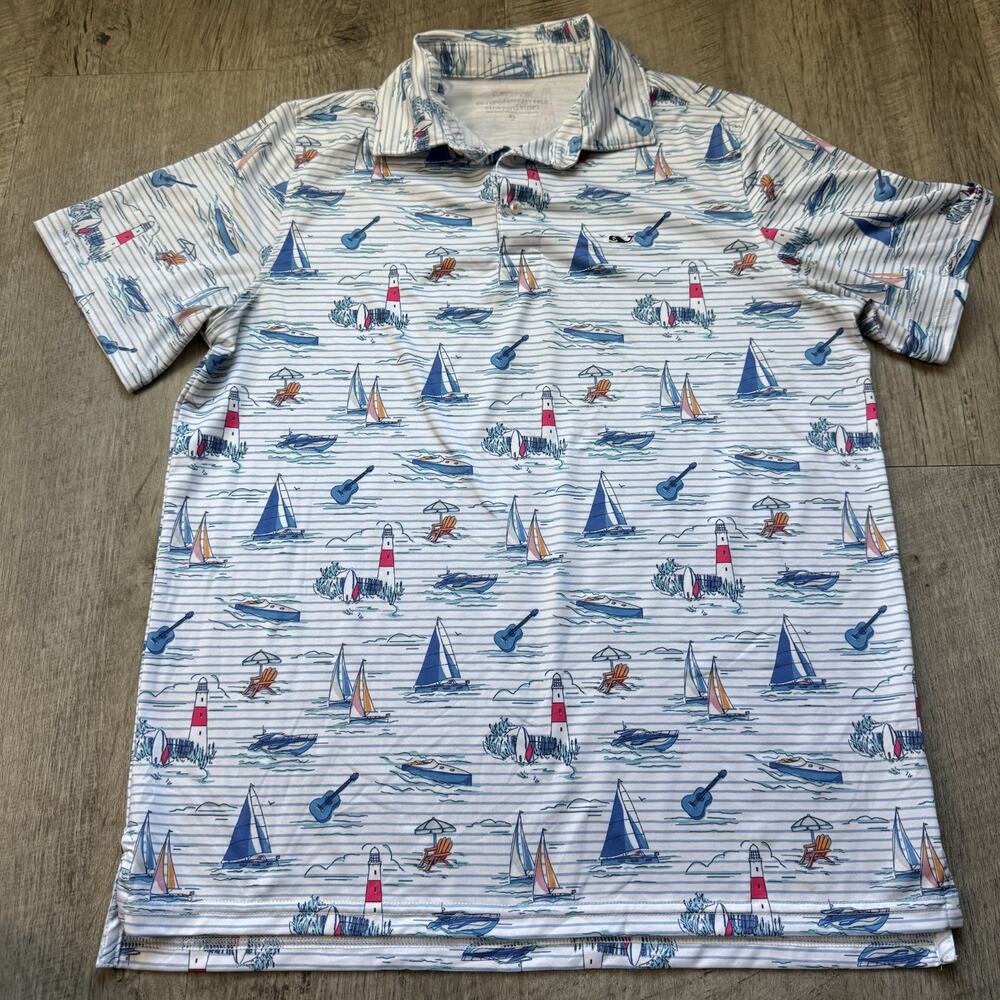 Vineyard Vines Sankaty Polo Kids XL 18 White Blue Sailboat Stripe On-The-Go